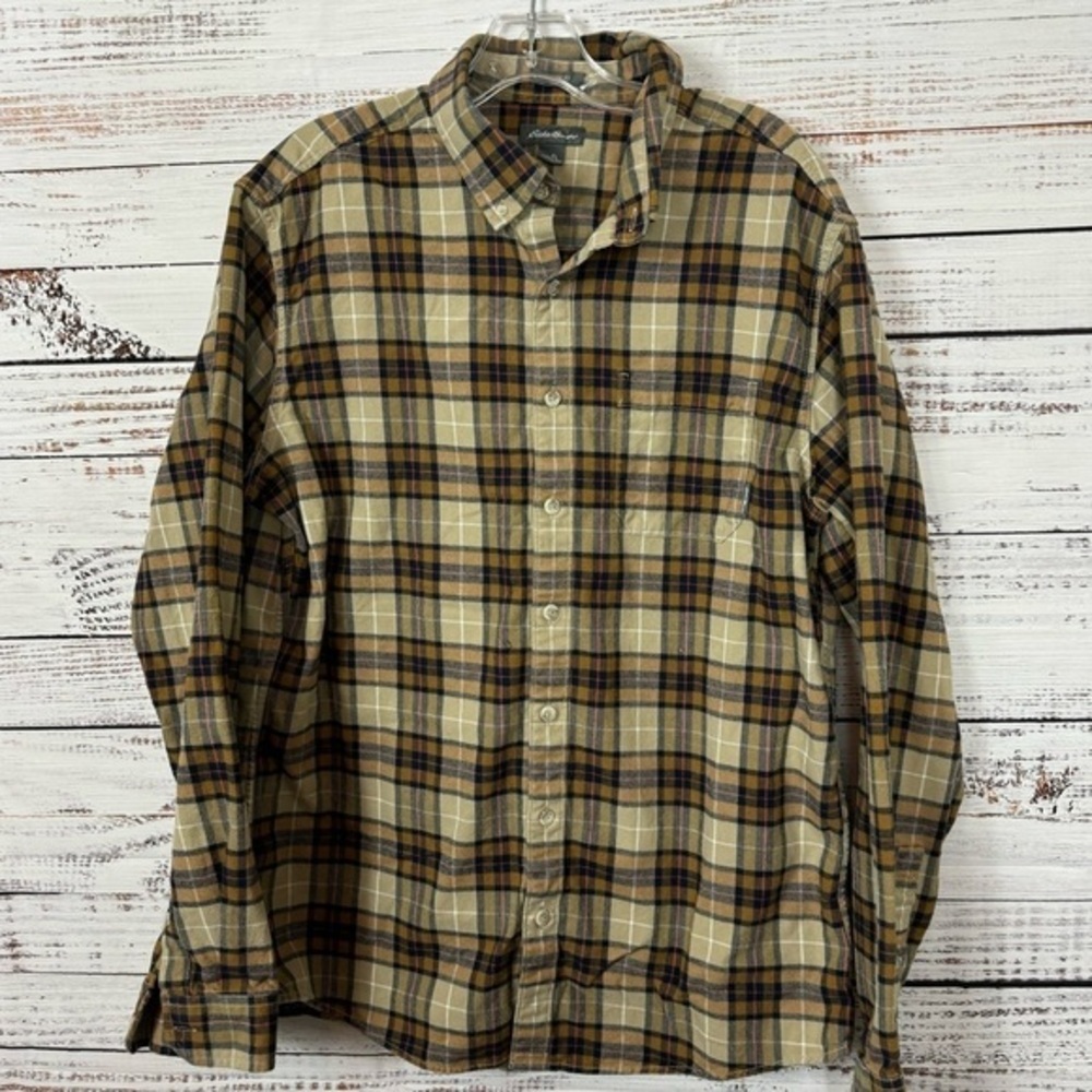 Eddie Bauer  tan plaid size large tall button‎ down cotton shirt